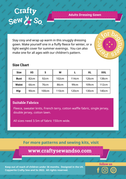Crafty Sew & So Adults Dressing Gown PDF Pattern