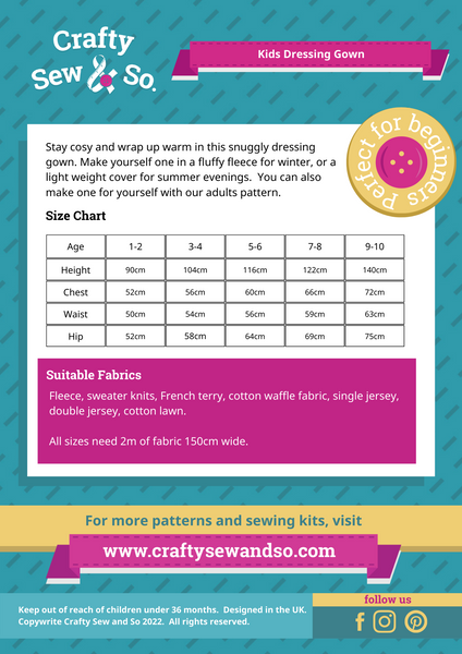 Crafty Sew & So Childrens Dressing Gown PDF Pattern